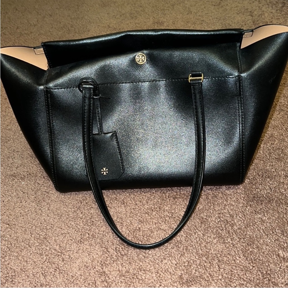 Black leather Tory Burch tote gold accents